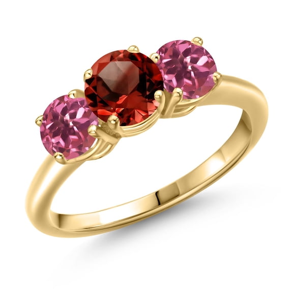 Gem Stone King 18K Yellow Gold Plated Silver Red Garnet and Pink Tourmaline Engagement Ring for Women | 2.04 Cttw | Round 6MM | Gemstone January Birthstone | Size 7