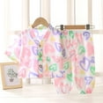 thumbnail image 3 of Tfken Summer Girls Outfit Sets Short Sleeve V Neck Print Cotton Tops With Button And Pants Set Casual Sleepwear Kids Soft Outfit Pink Size 7-8 Years, 3 of 3