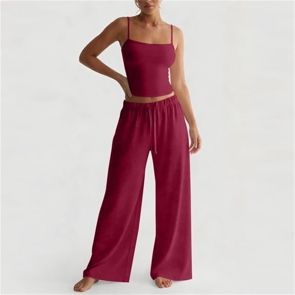 Chbgutlmr Summer 2 Piece Outfits for Women Sleeveless Spaghetti Strap Crop Camisole Tops Drawstring Straight Leg Pants Casual Basic Comfy Sets