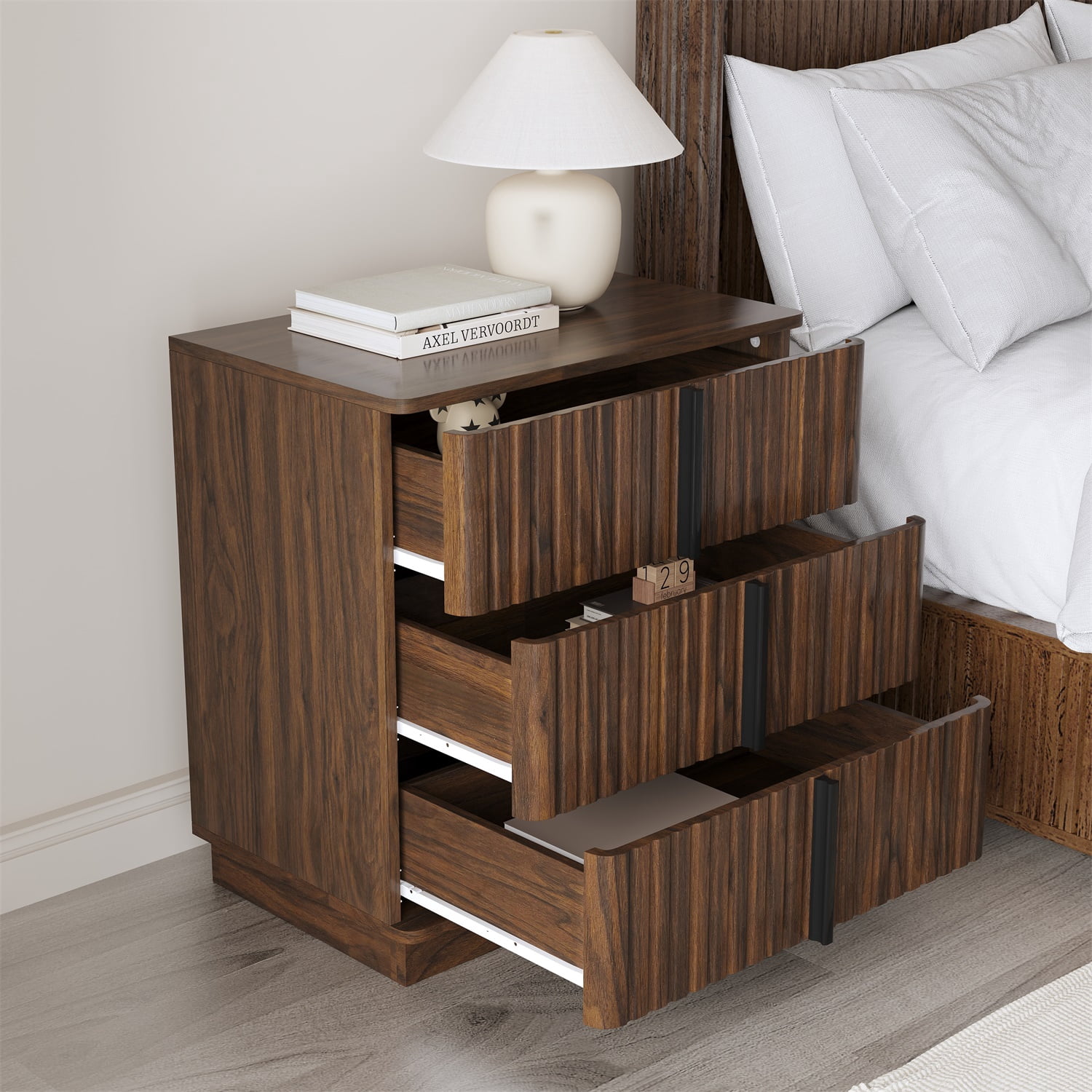 Hommoo Vintage Vertical Stripe 3-Drawer Nightstand, MDF Bedroom Night Table with Ample Storage, Modern Retro Design for Bedroom, Living Room & Home Office, Walnut