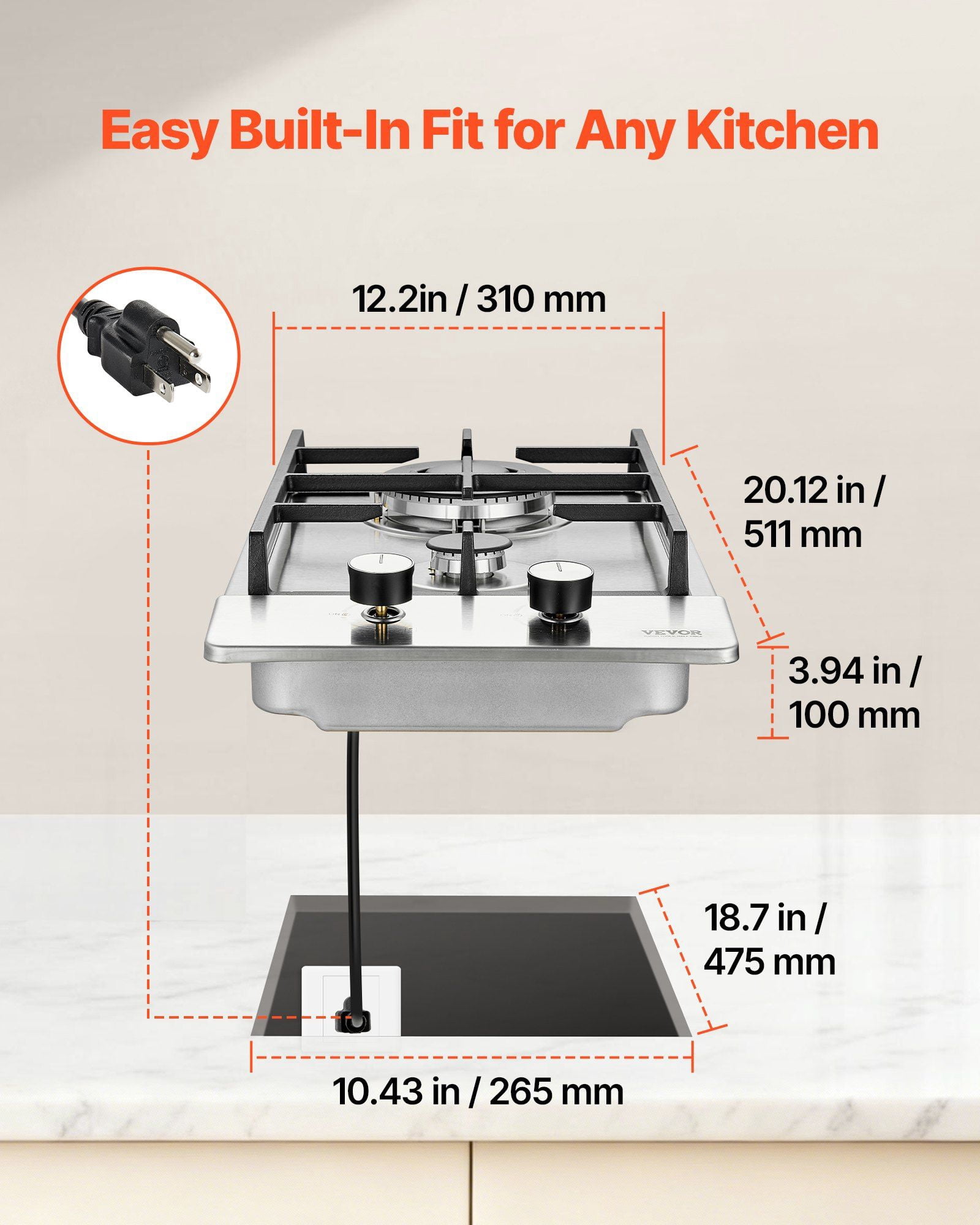 12 Inch Gas Cooktop 2 Burners 12250BTU Built In Stainless Steel LPG NG Convertible Dual Fuel Natural Gas Hob Thermocouple Protection Outdoor Kitchen Camping RV
