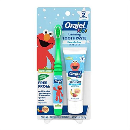 Orajel Elmo Fluoride-Free Tooth & Gum Cleanser with Toothbrush  Combo Pack  Banana Apple Flavored Non-Fluoride  2 Piece Set