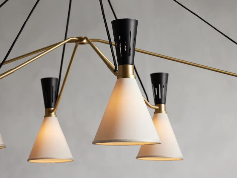 1950's Mid Century Brass Ramsey 6 Light Chandelier Sputnik Italian Ceiling Light Brass Chandelier Curved Arms Starburst Light Fixture