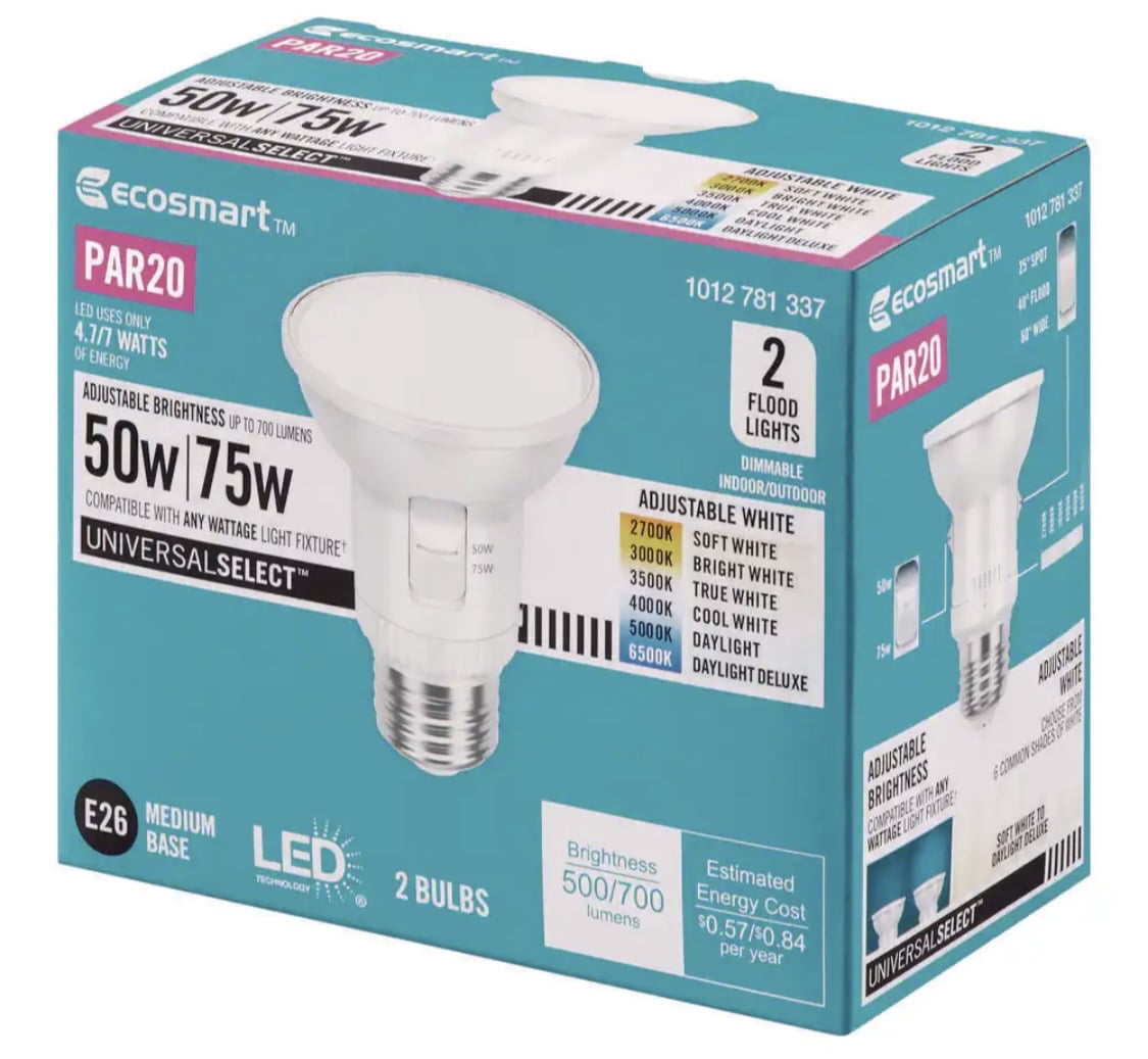 EcoSmart Universal Select 50/75-Watt Equivalent PAR20 Dimmable Adjustable Beam Angle LED Light Bulb with 6 CCT (2-Pack)