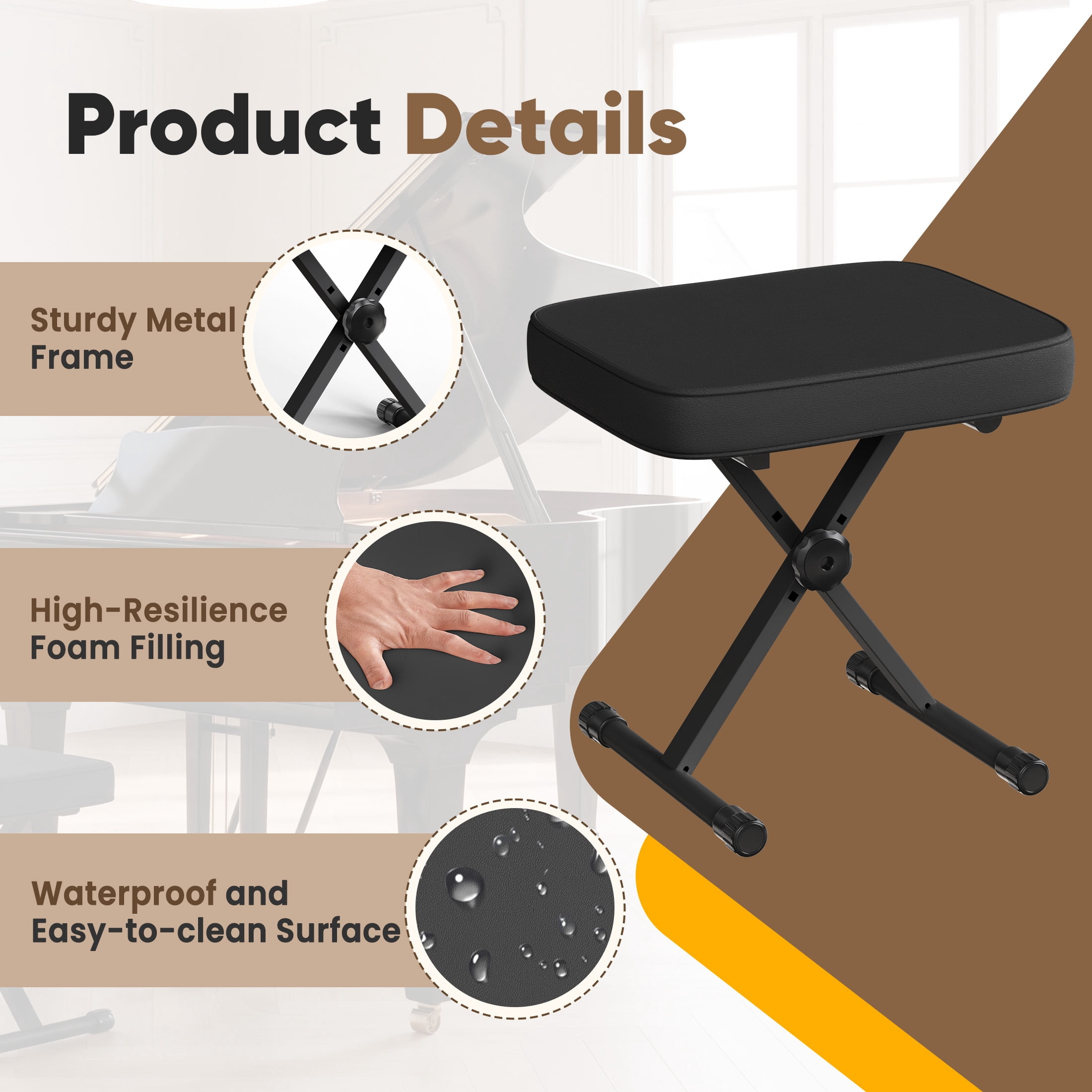 EDX Adjustable Height Piano Bench/Music Performance Stool - 3-Level Height Adjustment, Non-Skid Design,High-Density Sponge Padded, Portable & Foldable X-Style Seat, 250LBS Weight Capacity,Black