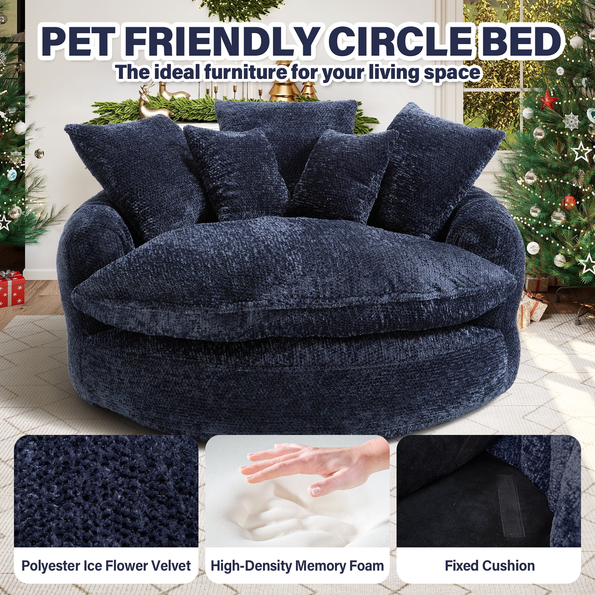 Aukfa 55" Oversized Round Chaise Lounge Chair, Fluffy Deep Seat Cloud Floor Sofa, Modern No Assembly Couch, Dark Blue