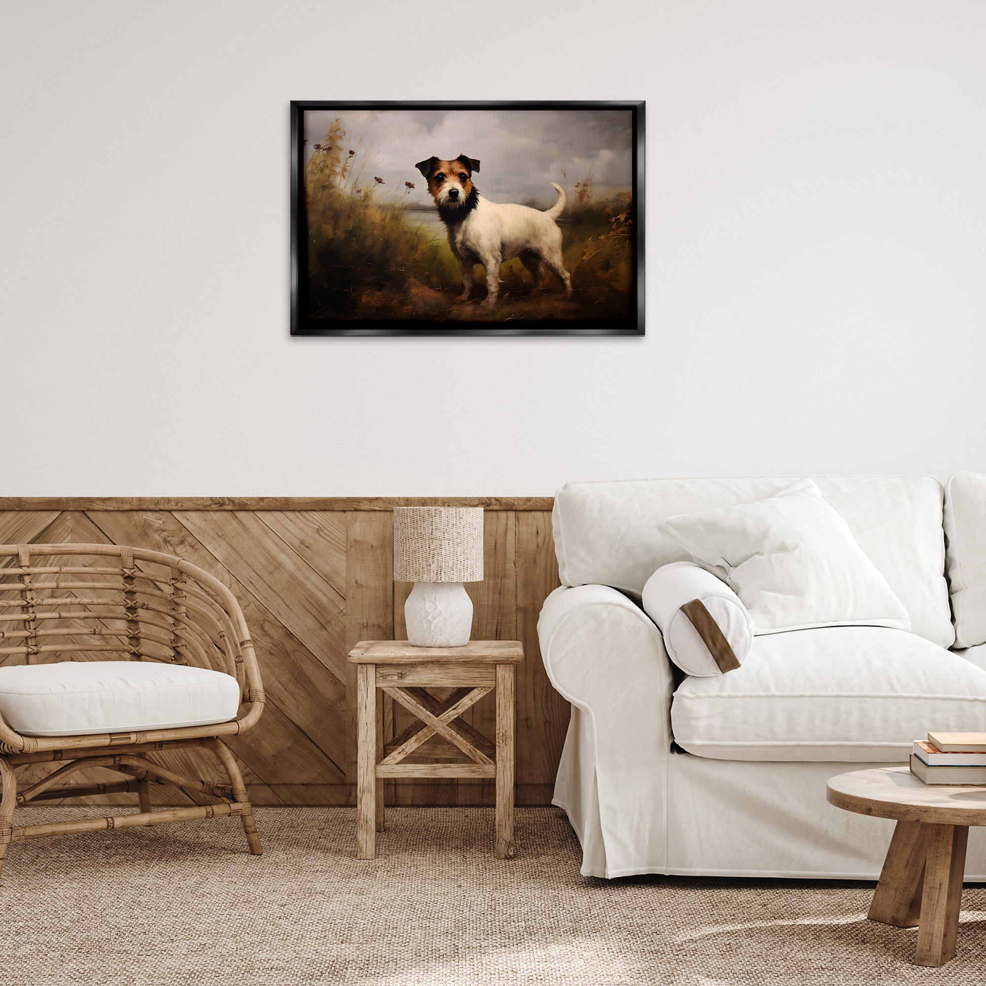 Stupell Industries Jack Russell Terrier Landscape Landscape Painting Black Floater Framed Canvas Art Print Wall Art, 31 x 21