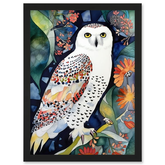Snowy Owl On Blooming Tree Folk Art Artwork Framed Wall Art Print A4