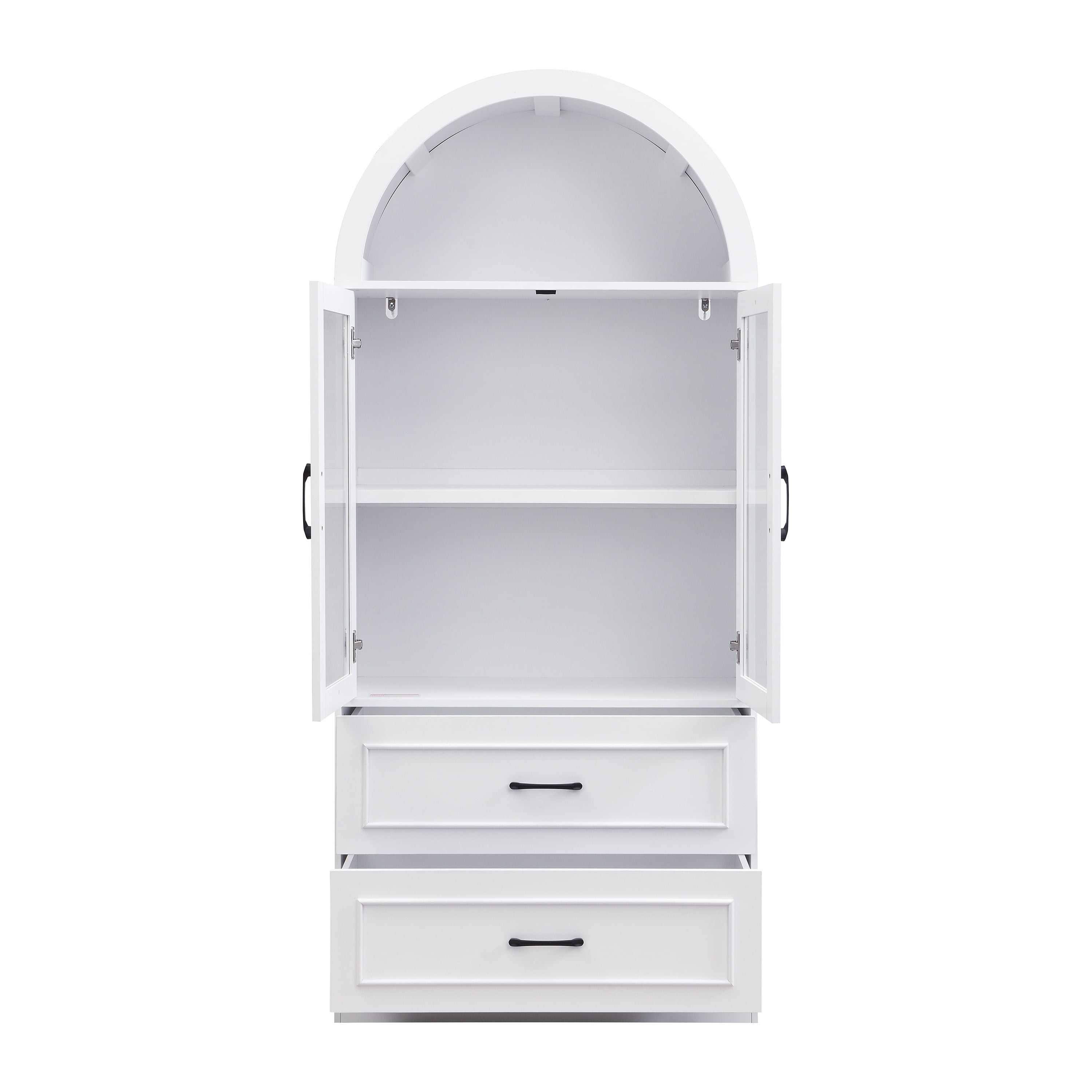 Storage Cabinet with Arched Top and Tempered Glass Doors, Tall Display Cabinet and Bookcase with 2 Drawers for Living Room, White