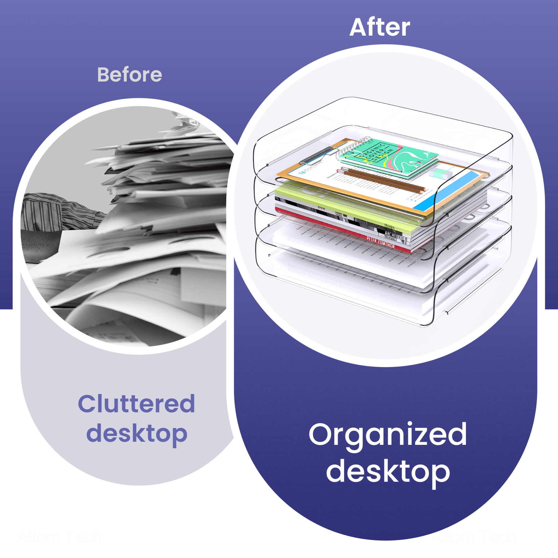 Tomorotec Desk Letter Tray Set, A4 Size Clear PET Stackable Document Organizer Office Desktop File Paper Holder Book Storage Rack Side Load Anti-Skid Stacking Support Convex Bottom (4X Landscape)