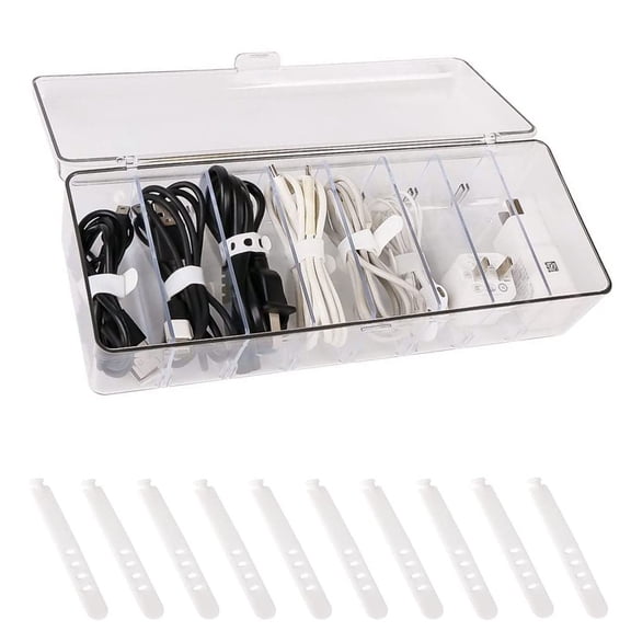 Plastic Cable Management Box with Lid and 10 Wire Ties, Portable Clear Cord Storage Organizer with 8 Compartments