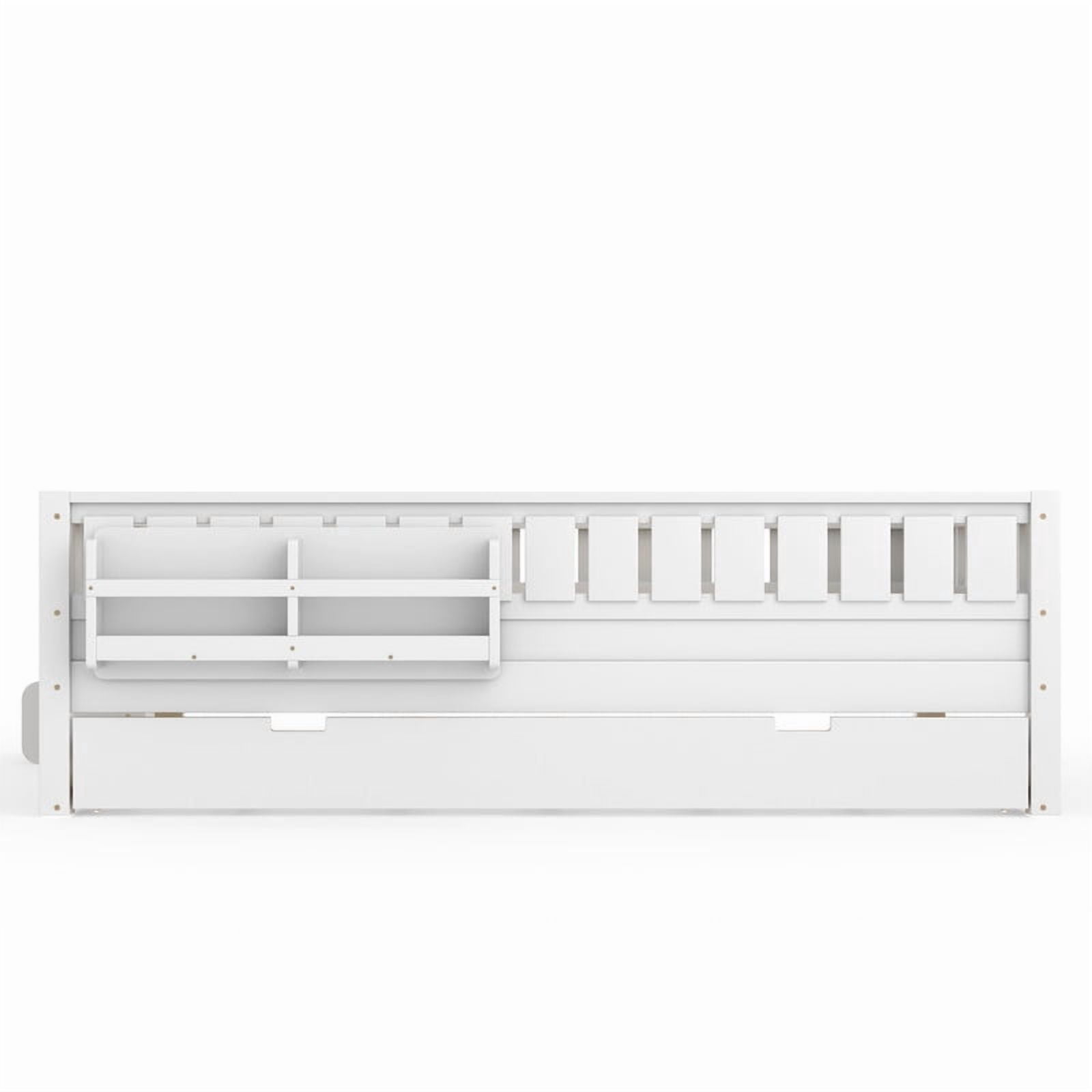 Queen Size Low-Profile Kid's Platform Bed with Built-in Bookshelves & Small Staircase, Wooden Bed Frame with Safety Rails & Trundle