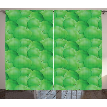 Apple Curtains 2 Panels Set, Juicy Green Apples with Stalks Orchard Yield Tasty Nutritious Vegetarian Options, Window Drapes for Living Room Bedroom, 108W X 63L Inches, Fern Green, by
