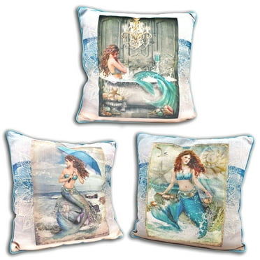 ELC Designs Group Fantasy Nautical Mermaid Collection Decorative Throw Pillows, 18x18 3 Piece Assorted Pillow Set, Home Décor