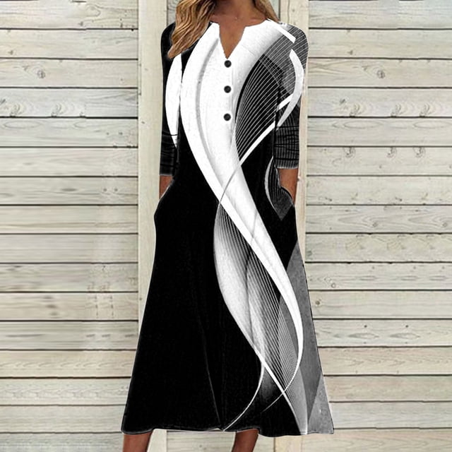 Babysbule Liquidation Robes d'Automne pour Femmes Mode Femmes Décontracté Élégant Col Rond Imprimé Été Manches Longues Poches Robe