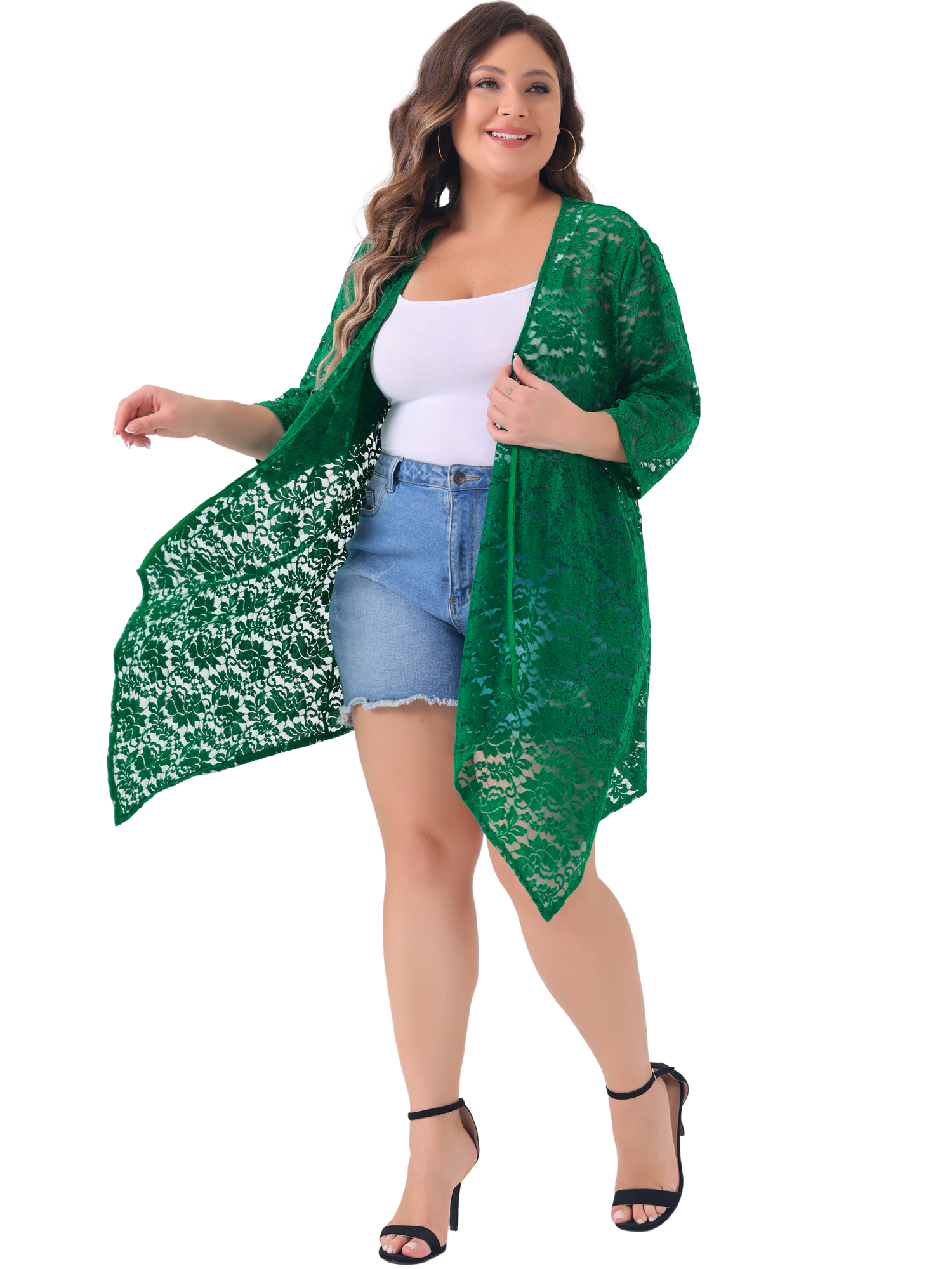 DARING DIVA Plus Size Fall 3/4 Sleeve Lightweight Lace Cardigan 4X Dark Green