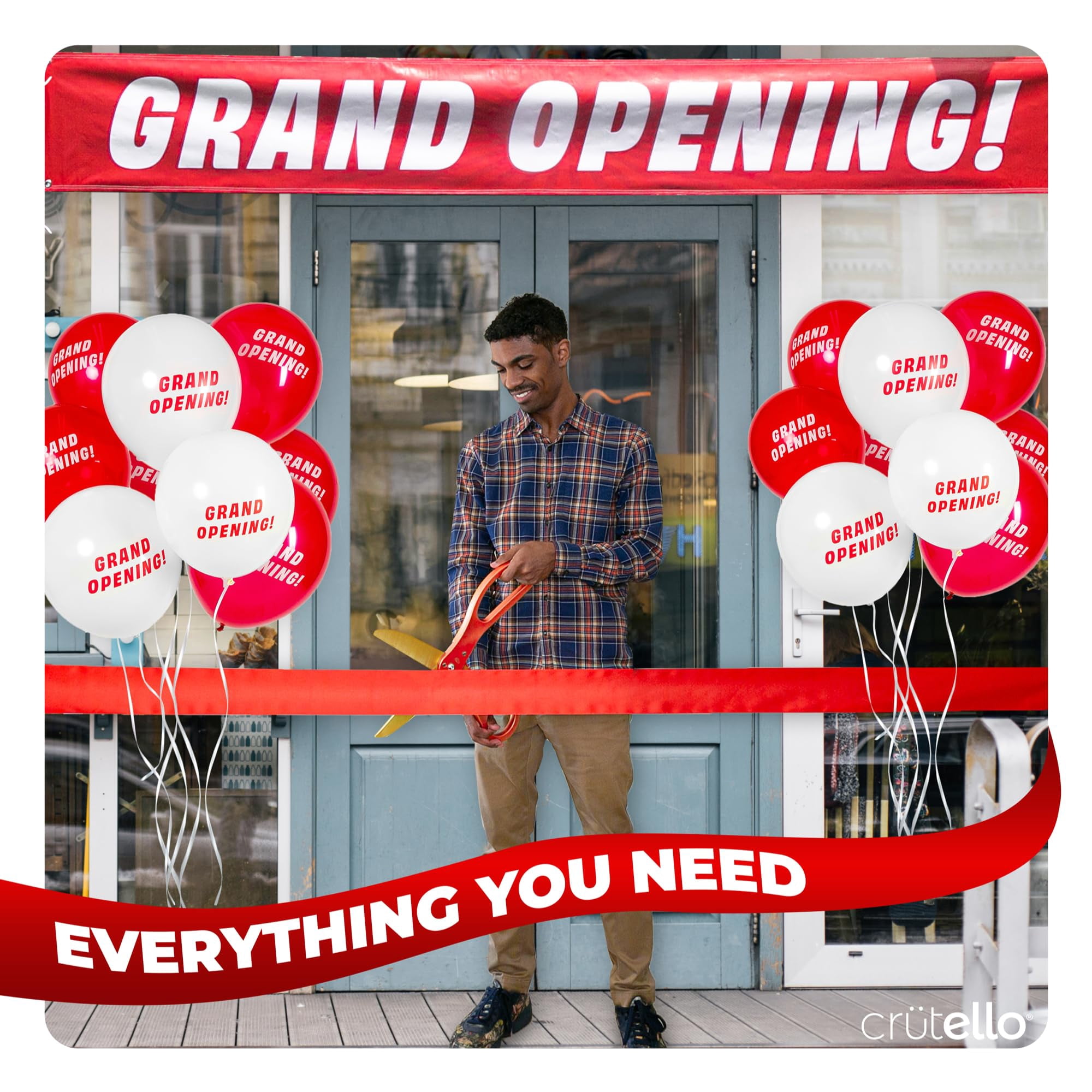 Crutello Ribbon Cutting Ceremony Kit - 20"Giant Red Scissors with Grand Opening Banner and 30 Foot Large Red Ribbon 4"Wide, 20 Balloons, 90 ft Balloon and 20 Feet Banner Rope for Decorations