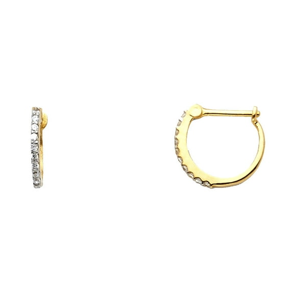 Solid 14k Yellow Gold Huggie Hoop Earrings CZ Huggies Round Pave Set French Lock Fancy Small 12 mm