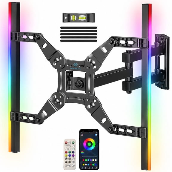 MountFTV Full Motion TV Wall Mount with LED Backlight for 13–43 Inch TVs, RGB Backlight with Music Sync for Immersive Viewing, Extendable Swivel Tilt and Leveling Adjustments, Corner TV Mount Support