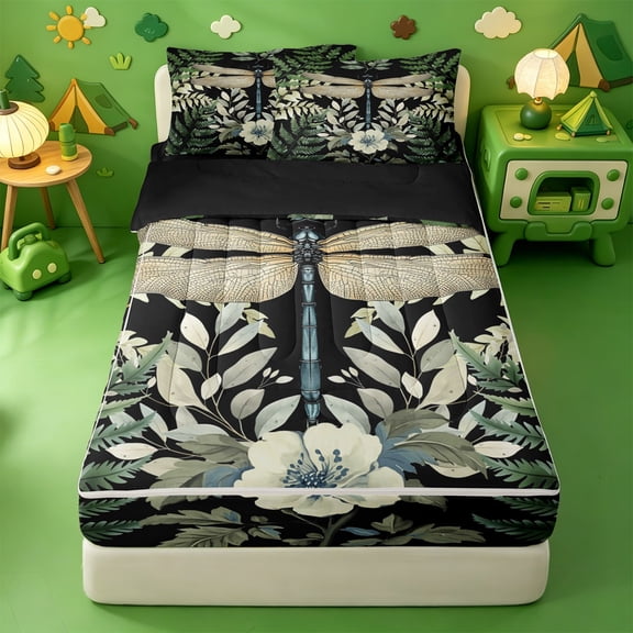 Erosebridal Vintage Black Dragonfly Floral Zipper Twin Comforter Sets with Fitted Sheet and 2 Pillowcases,Wild Bloom Flowers Zipper Bedding Set For Girls,Black Reversible,4 Pieces