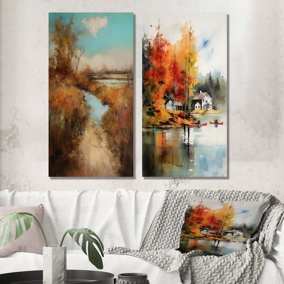 Designart "Autumn Lake Scene Watercolor Beauty I" Lakehouse Wall Art Set Of 2 - Lake House Blue Canvas Set For Living Room Decor