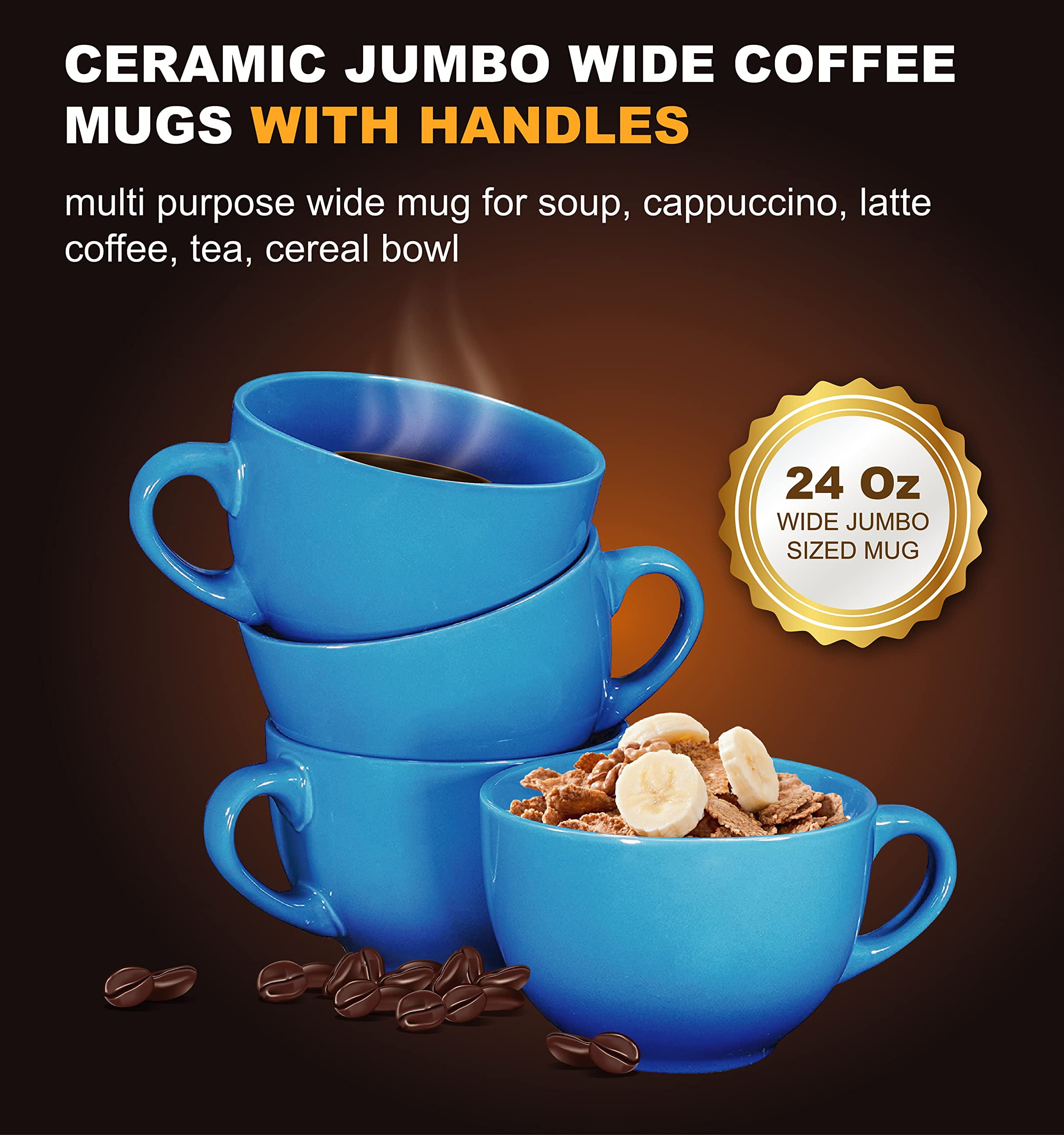 Aqua Blue 30oz Ceramic Jumbo Coffee Mug Soup Bowl with Handle for Soup, Coffee, Tea, Ice Cream, Fruit, Cereal, Milk, Mocha, Cocoa and Mulled Drinks