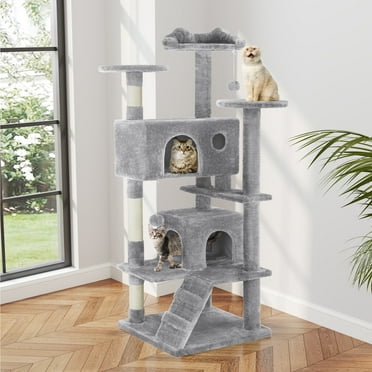 edx 54'' Cat Tree Tower for Indoor Cats, Multi-Level Pet Furniture with Sisal Scratching Post, Large Condo, Climbing Ladder, Kitten Toy, Light Gray