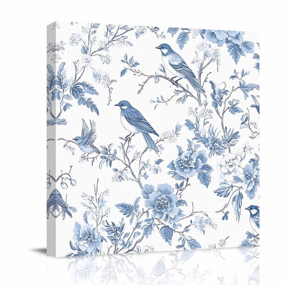 Canvas Wall Art, White Blue Spring Floral Framed Canvas Prints for Living Room Bathroom, Summer Birds Botanical Gallery Wrapped Wall Decor for Home Office, Gifts, 12"x12" Ship Next Day