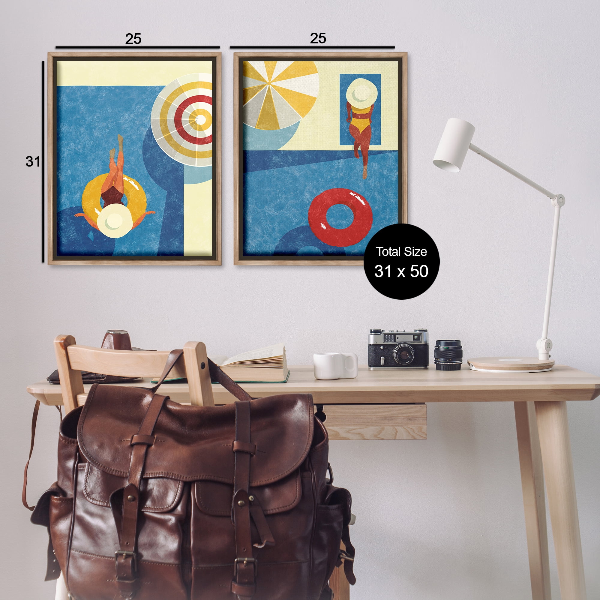 Stupell Industries Relaxing Female Figure Poolside People Painting Brown Floater Framed Canvas Art Print Wall Art, 31 x 25, Set of 2