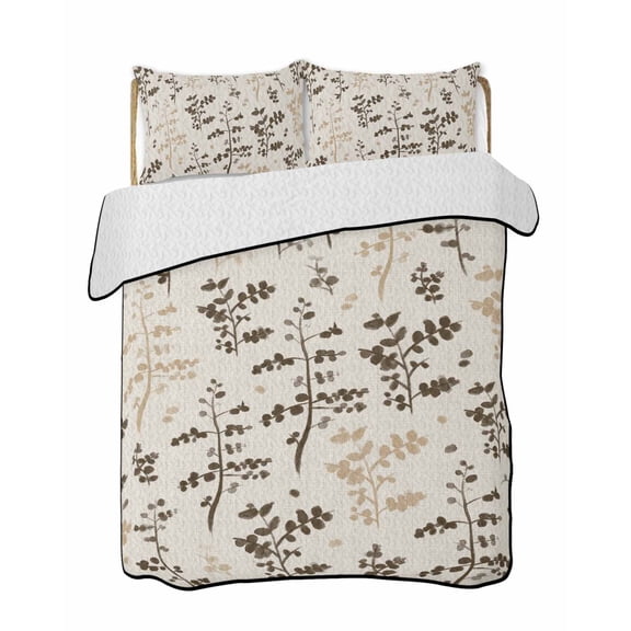 Quilt King Size Bedding Set, Brown Beige Botanical Reversible Summer Quilt 3 Pieces, Rustic Country Spring Floral Summer Leaf Lightweight Bedspreads Coverlets with 2 Pillow Shams for All Seasons