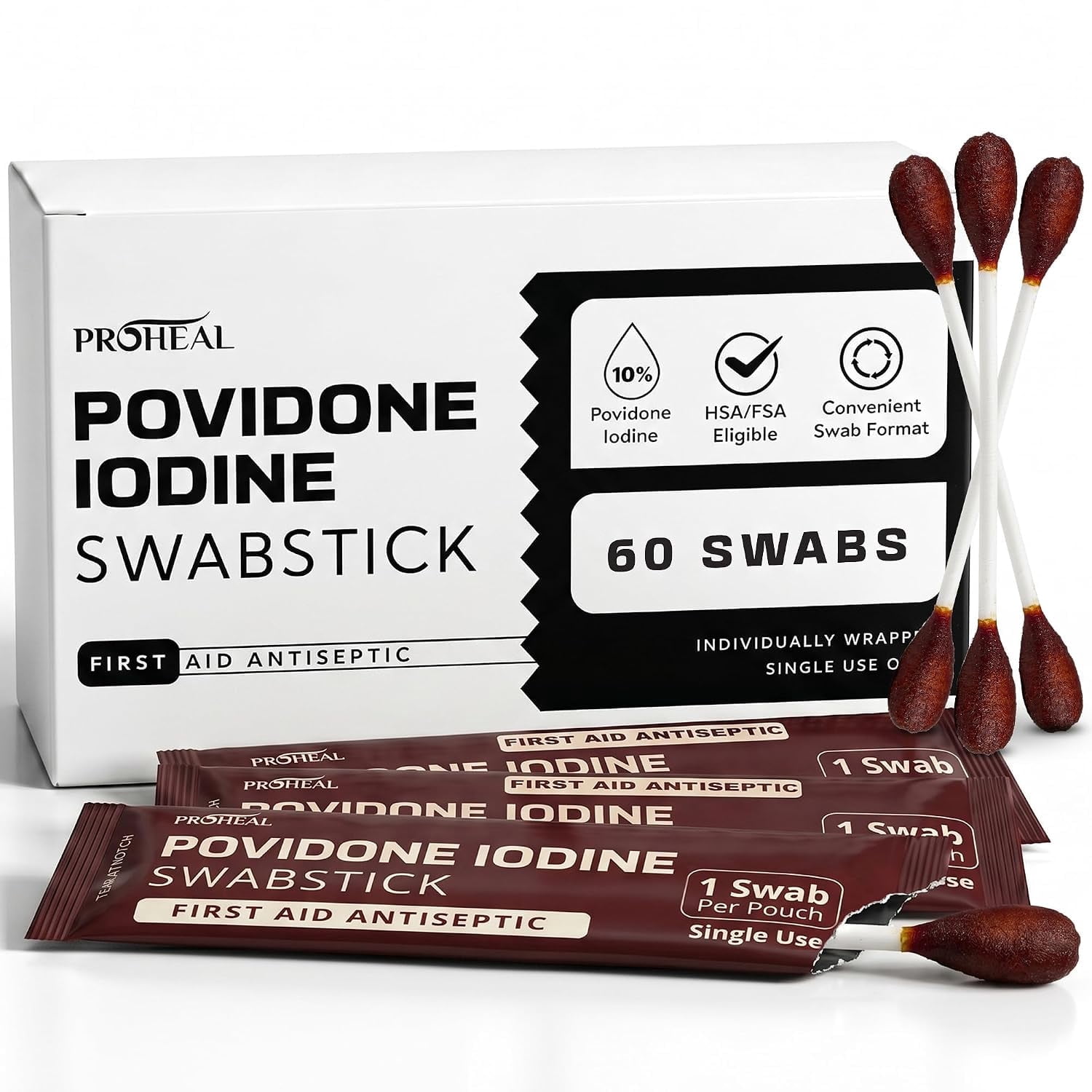 ProHeal 10% Povidone Iodine Swabs- 60 Iodine Swabsticks, Individually Wrapped - First Aid Antiseptic for Cleaning and Wound Care