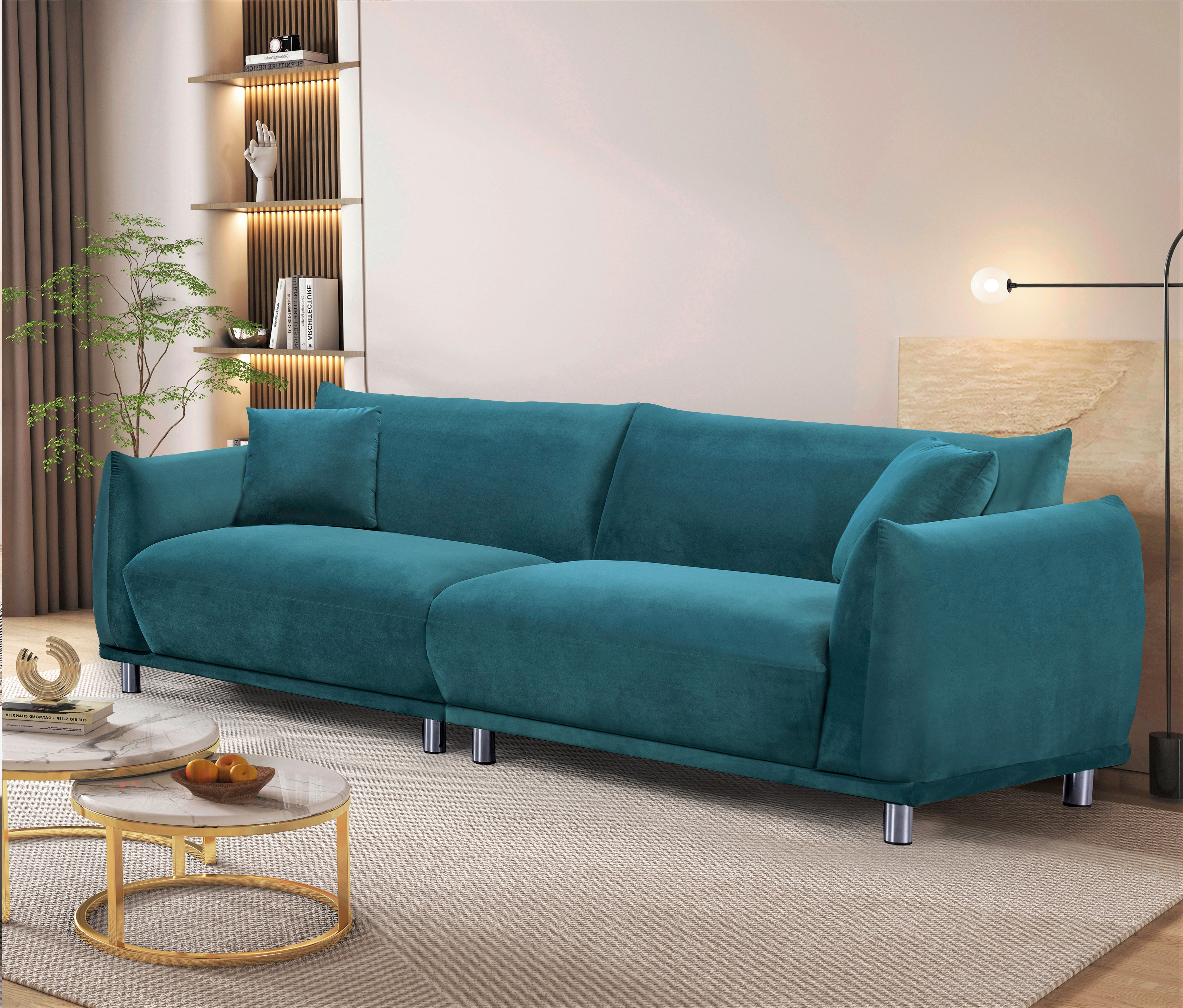 US Pride Furniture Bernadine 88.2''W Metal Legs Velvet Sofa, Greenish Blue