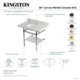 thumbnail image 4 of Kingston Brass KVPB3630MBB8 Templeton 36" Carrara Marble Console Sink with Brass Legs and Shelf (8-Inch, 3-Hole), Carrara Marble White/Brushed Nickel, 4 of 4