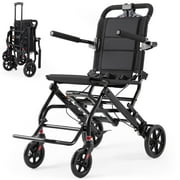 Verpal Lightweight Foldable Transport Wheelchair for Seniors, Portable Steel Travel Wheelchair with Telescopic Handle & Safety Belt & Hand Brake, Folding Transfer Wheel Chair for Travel, Airplane