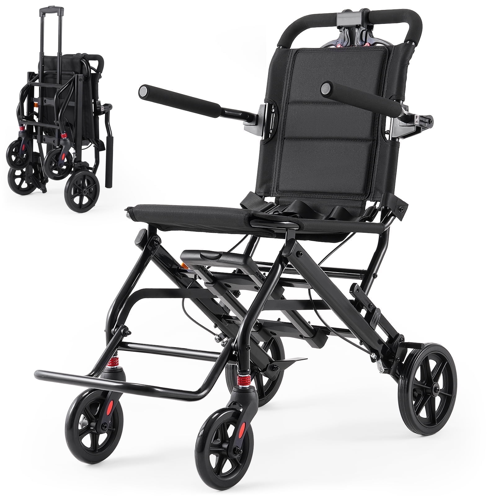 Verpal Lightweight Foldable Transport Wheelchair for Seniors, Portable Steel Travel Wheelchair with Telescopic Handle & Safety Belt & Hand Brake, Folding Transfer Wheel Chair for Travel, Airplane