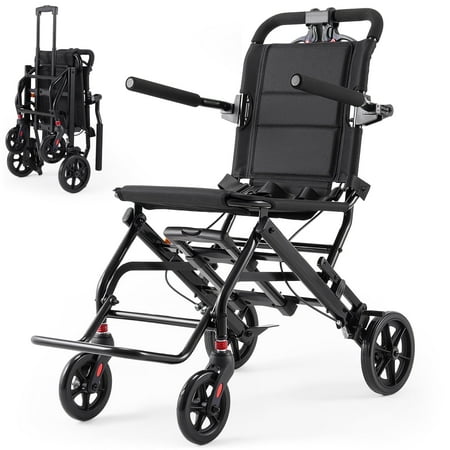Verpal Lightweight Foldable Transport Wheelchair for Seniors, Portable Steel Travel Wheelchair with Telescopic Handle & Safety Belt & Hand Brake, Folding Transfer Wheel Chair for Travel, Airplane