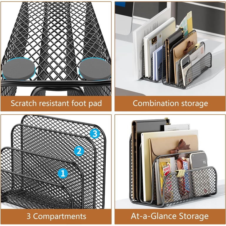 4-Pack Rose Gold Metal Mesh Desk Mail Organizers - 3-Slot File Holder For Papers, Mail, Bills