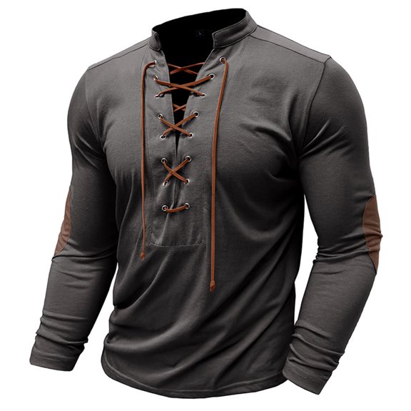 Men's Vintage Outdoor Sports Long Sleeve Top with Lace-Up Stand Collar Henley Shirt, Retro Style for Men, Ideal for Outdoor Activities and Sports Wear,Dark Gray,3XL