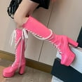 thumbnail image 5 of Xiaoxatg Women's -High Boots Solid Color Square Toe Thick High Heels Platform Glossy Leather Lace Up Pearl Chain Fashion High Boots 8 Pink, 5 of 8