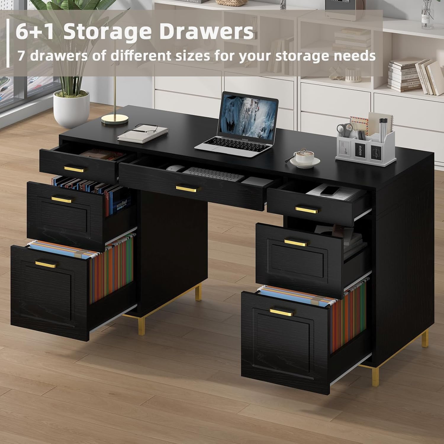 DreamCurship 57" Computer Desk with Storage, Black and Gold with 7 Drawers, Executive Desk with File Drawers, Home Office Desk for Home Office, White and Gold