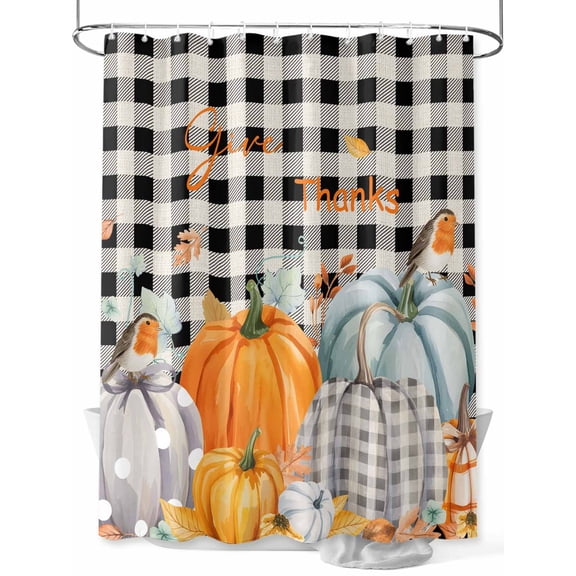 Fsddascl Pumpkins Fall Shower Curtain Set - 48" x 72" Washable Bathtub Curtain with 12 Hooks, Orange Thanksgiving Botanical Black White Plaid Waterproof Fabric Stall Shower Curtains for Bathroom