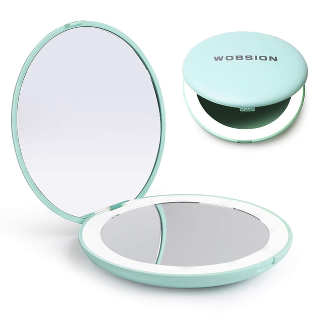 Espejo de maquillaje wobsion con luz LED para viajes, aumento de 1x/10x