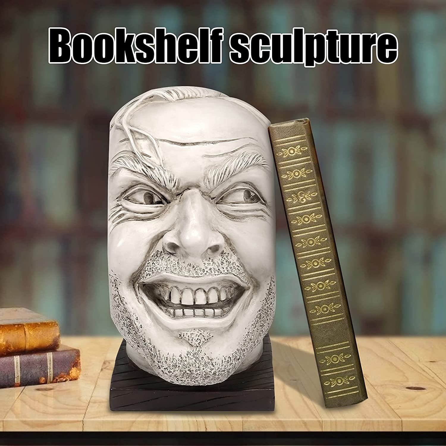 Sculpture of The Shining-bookend-Library-“Here’s Johnny”Sculpture,Creative Lifelike Resin Desktop Ornament,Book Shelf Sculpture