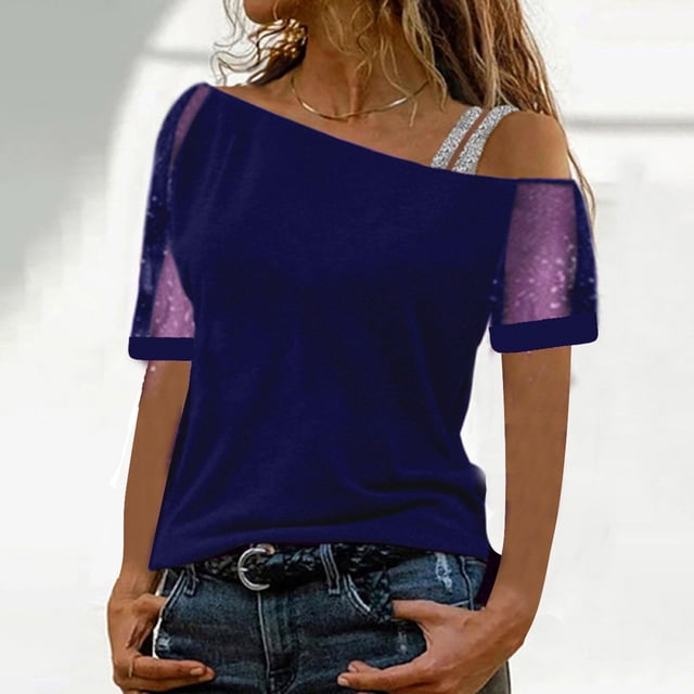 Puntoco Blusa casual para mujer Camiseta sólida Malla fuera del hombro Patchwork Manga corta tops Puntoco Puntoco-1589