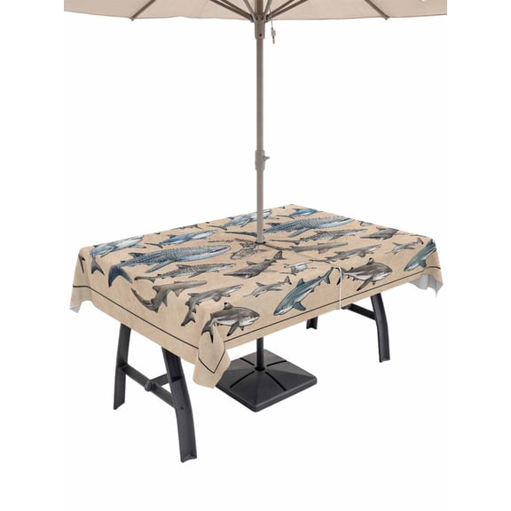 Outdoor Tablecloths with Umbrella Hole & Zipper, Ocean Sharks Rectangle Tablecloth 60x120 Inch, Vintage Coastal Underwater Animals Brown Waterproof Table Cloth, Patio/Pool/Picnic Table Covers