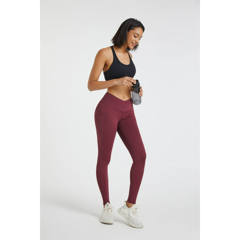LA7 Burgundy Crossover Leggings for Women with Pockets for Gyming, Cycling,  Yoga, Workout, Large 