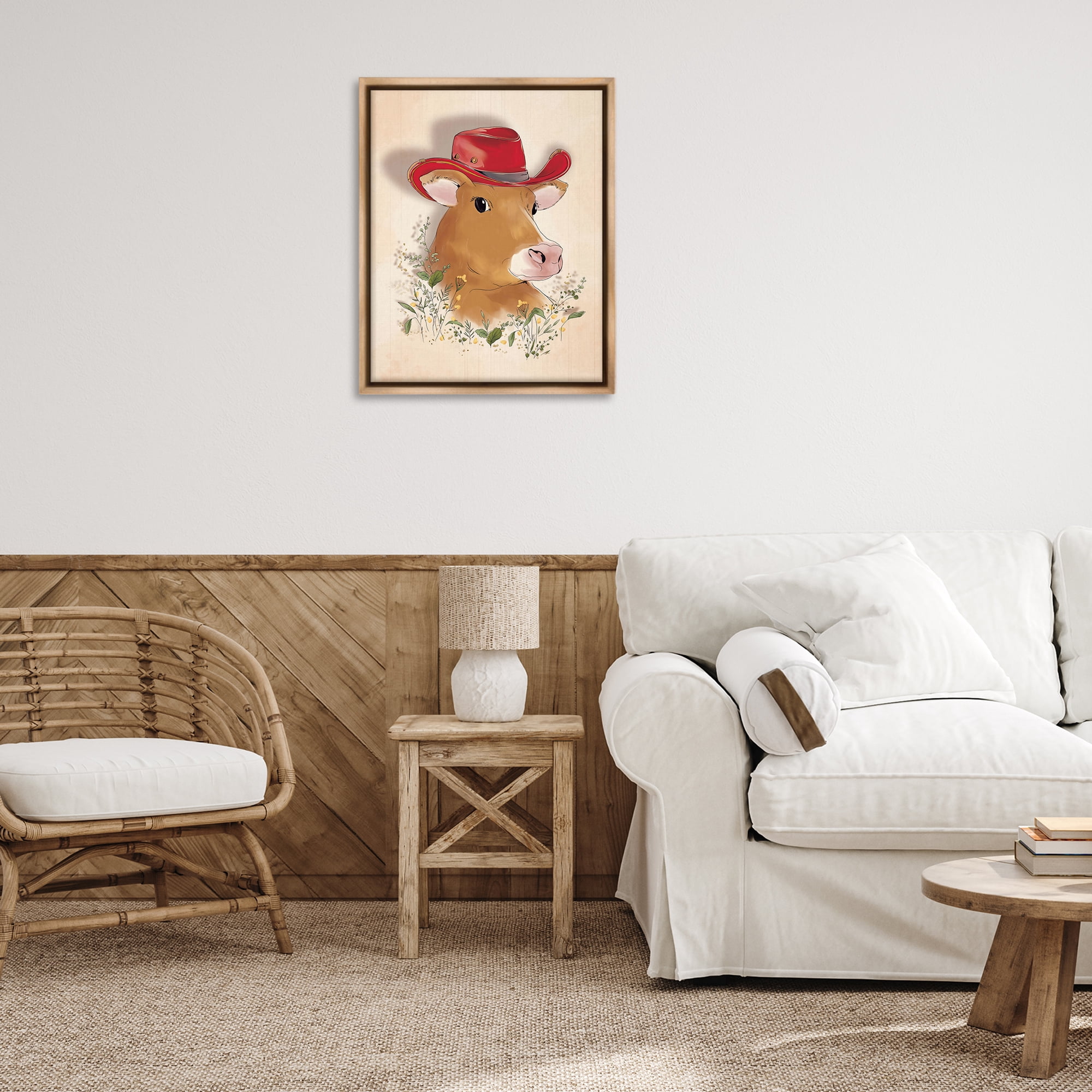 Stupell Industries Cow with Red Cowboy Hat Animals Painting Brown Floater Framed Canvas Art Print Wall Art, 25 x 31