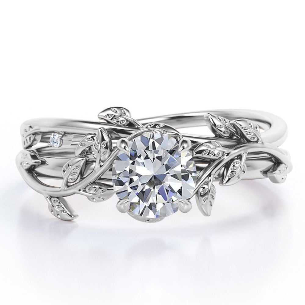 JeenMata Half Carat Round Lab Grown Diamond Bridal Set - Leaf and Vine Diamond Wedding Ring Set - 10k White Gold