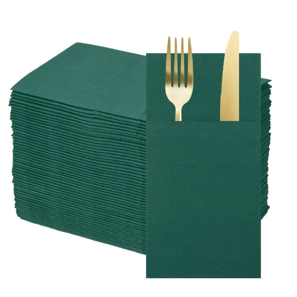 100 Pcs Servilletas Desechables con Sensación de Lino y Bolsillos para Cubiertos Incorporados, Servilletas de Papel para Cena para Cuchillo y Tenedor Verde Oscuro