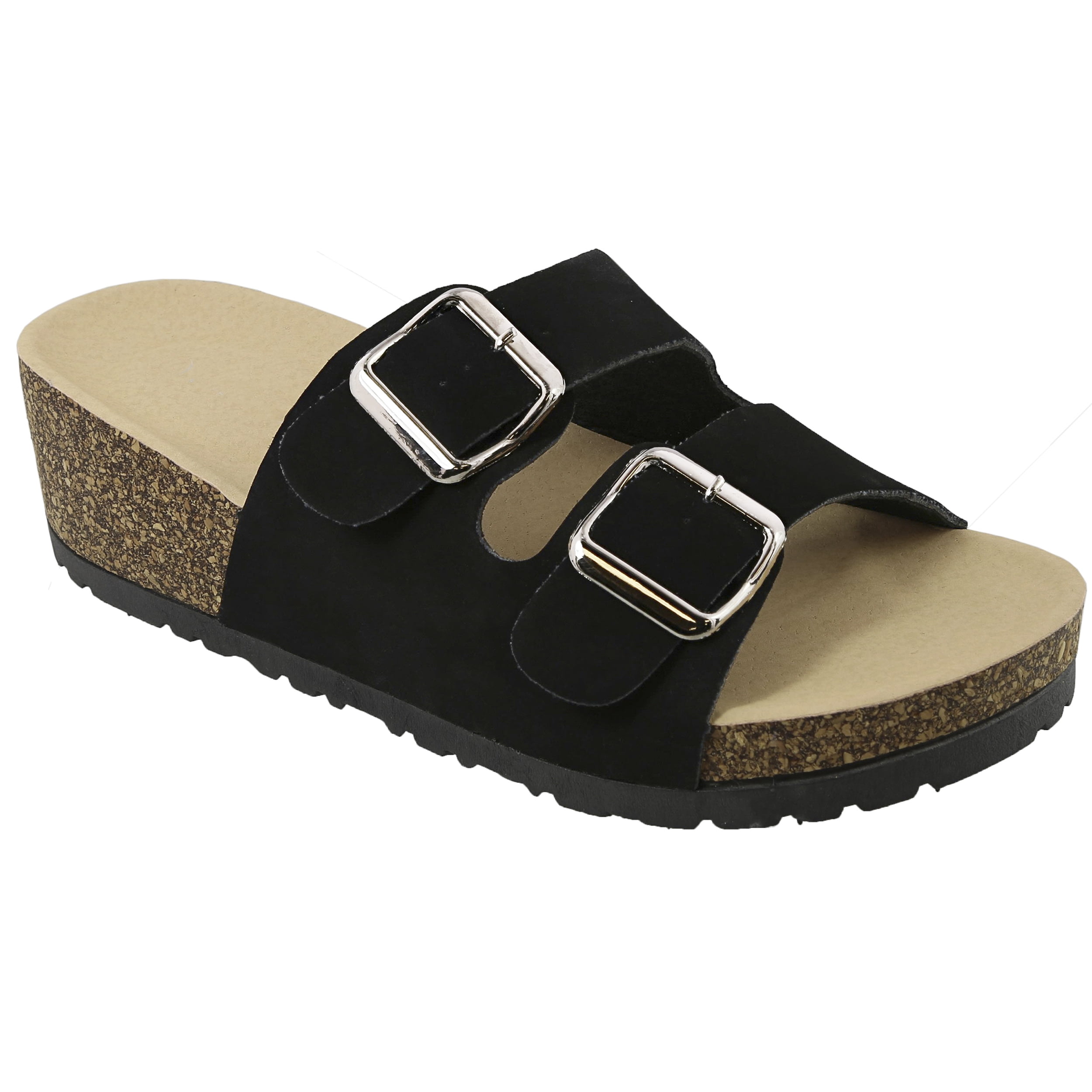 SNJ Women's Glitter Solid Double Strap w/ Buckle Cork Sole Slide Wedge Sandal(FREE SHIPPING